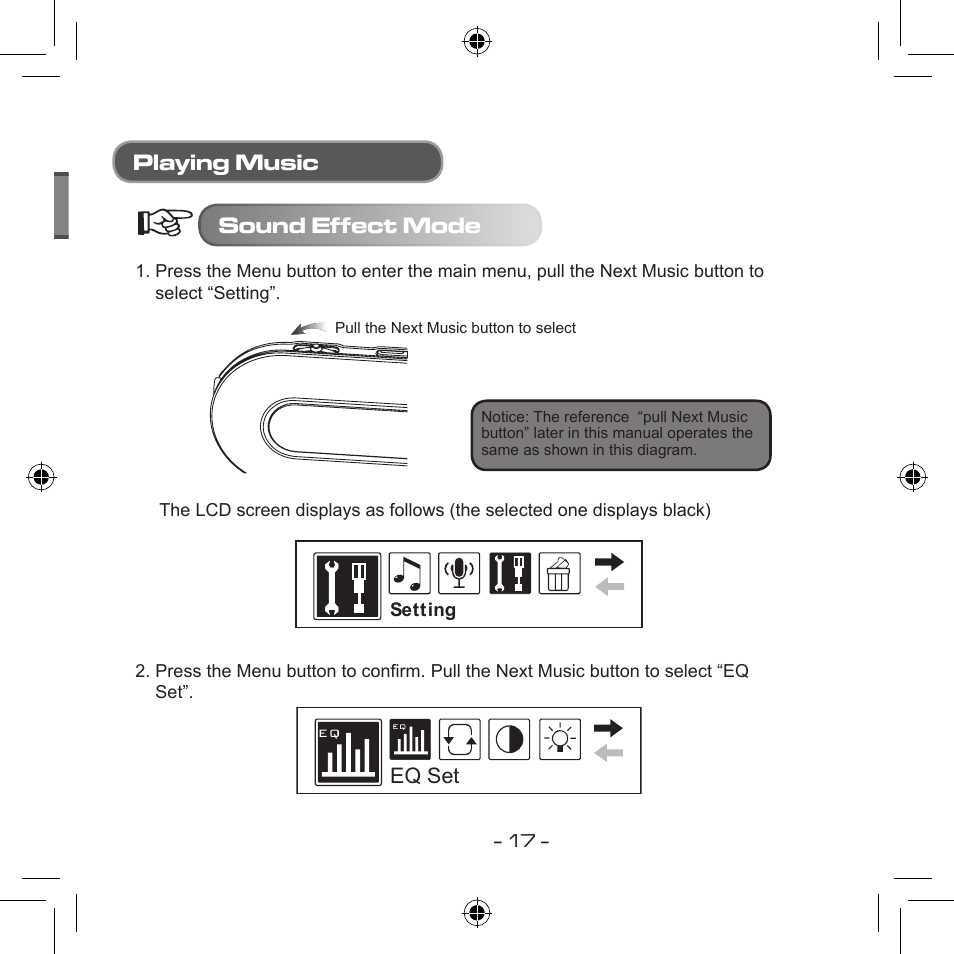 Playing music sound effect mode, Eq set | Curtis MPS533 User Manual | Page 15 / 185