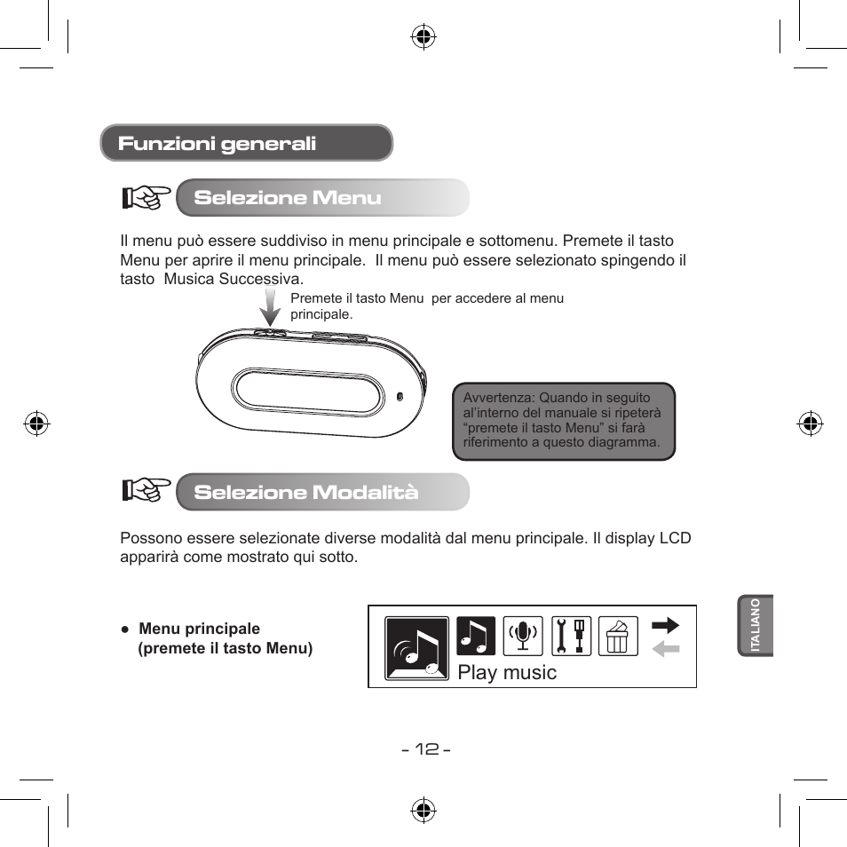 Play music funzioni generali selezione menu, Selezione modalità | Curtis MPS533 User Manual | Page 158 / 185