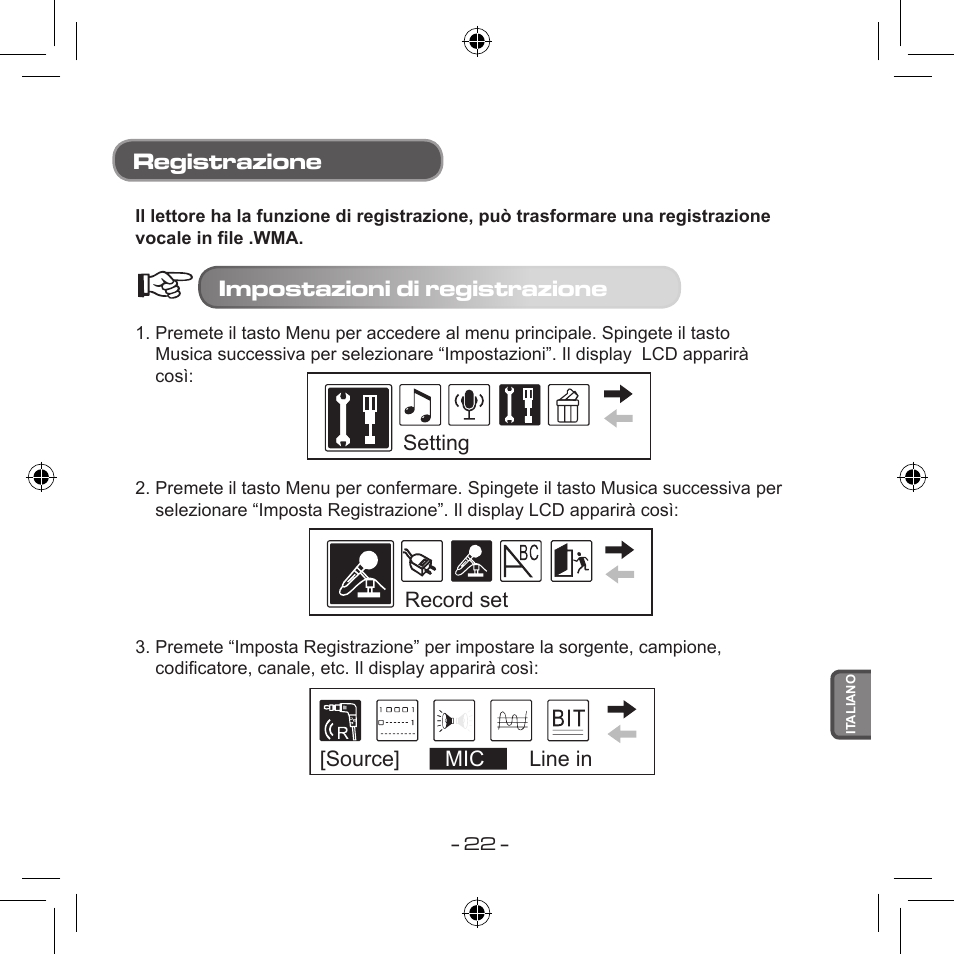 Registrazione, Impostazioni di registrazione | Curtis MPS533 User Manual | Page 168 / 185