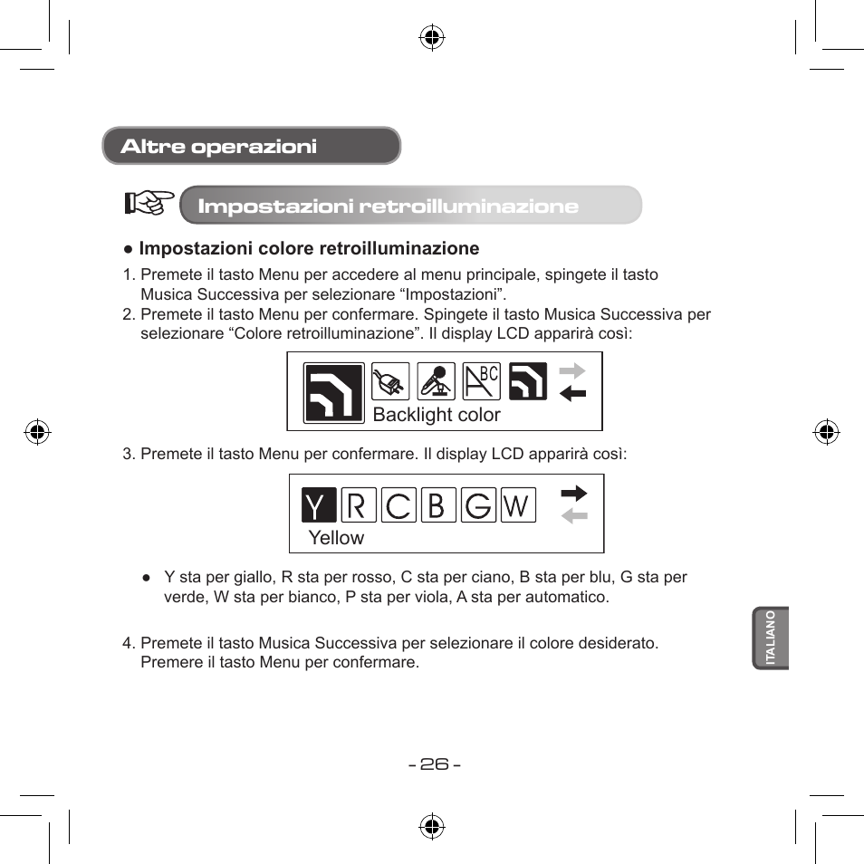 Altre operazioni impostazioni retroilluminazione | Curtis MPS533 User Manual | Page 172 / 185