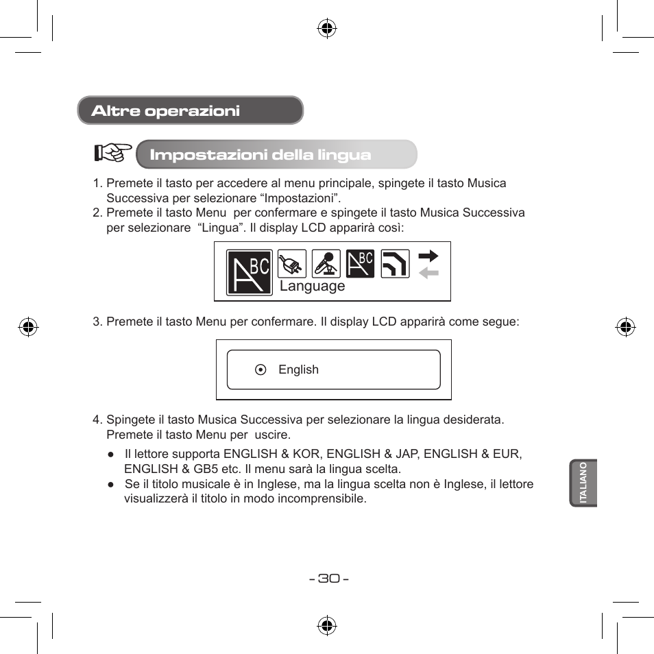 Altre operazioni impostazioni della lingua, Language | Curtis MPS533 User Manual | Page 176 / 185