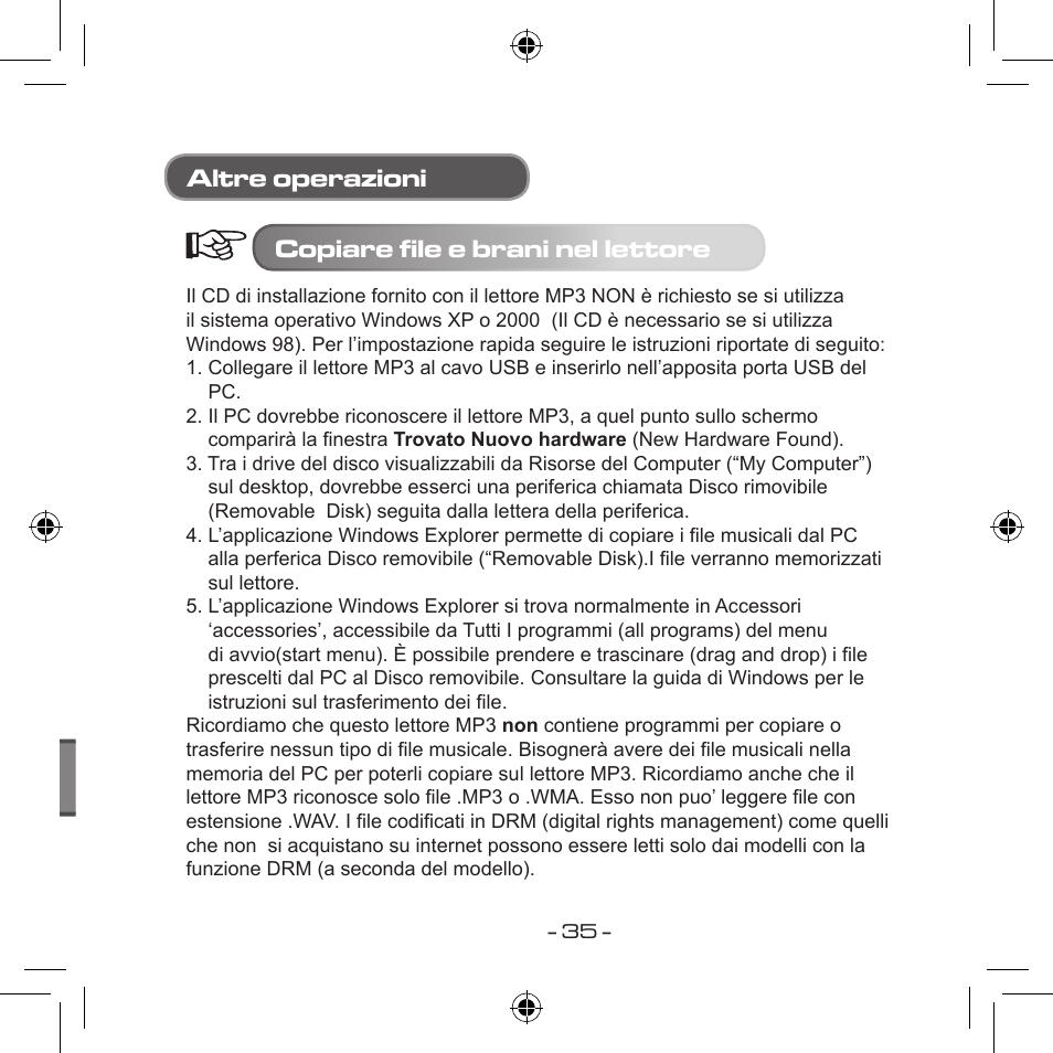 Altre operazioni copiare file e brani nel lettore | Curtis MPS533 User Manual | Page 181 / 185