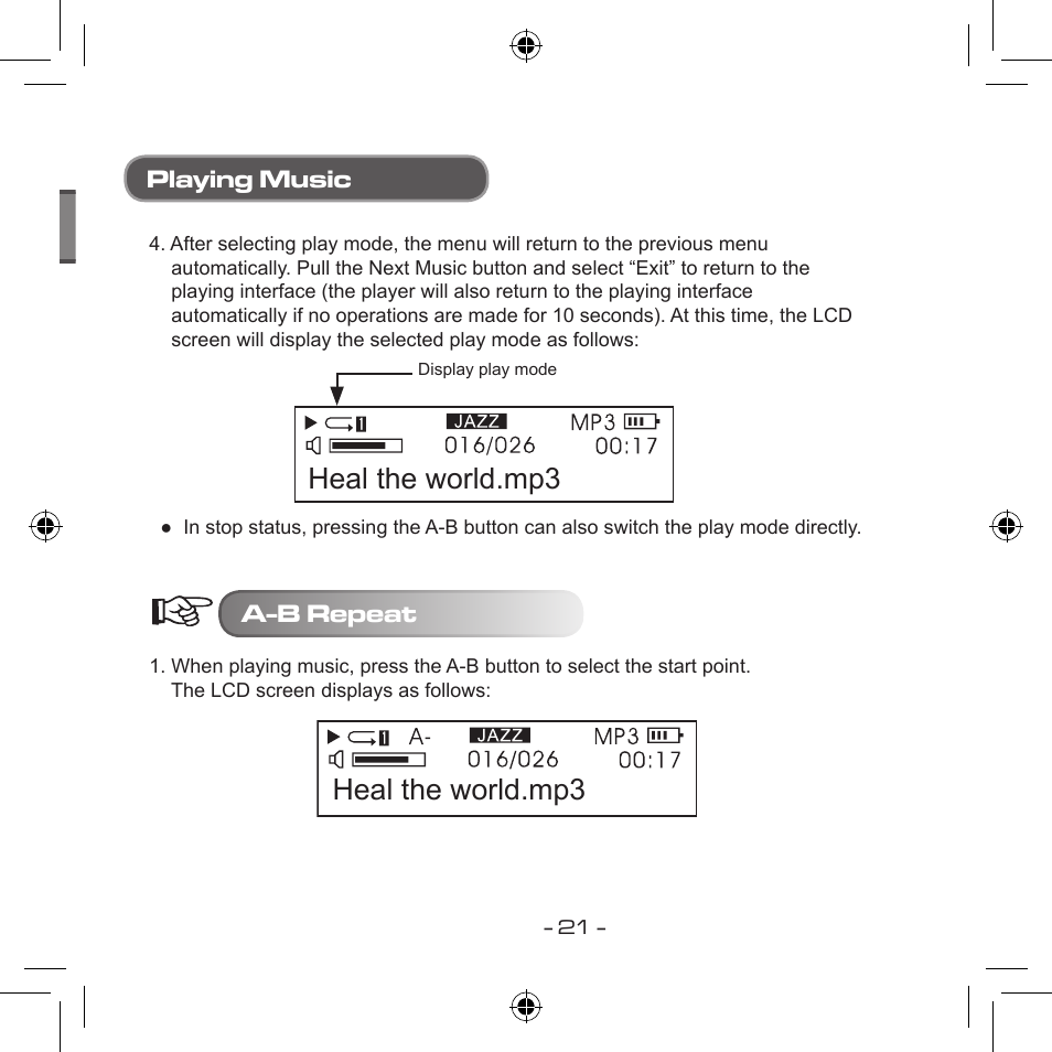 Heal the world.mp3, Playing music, A-b repeat | Curtis MPS533 User Manual | Page 19 / 185