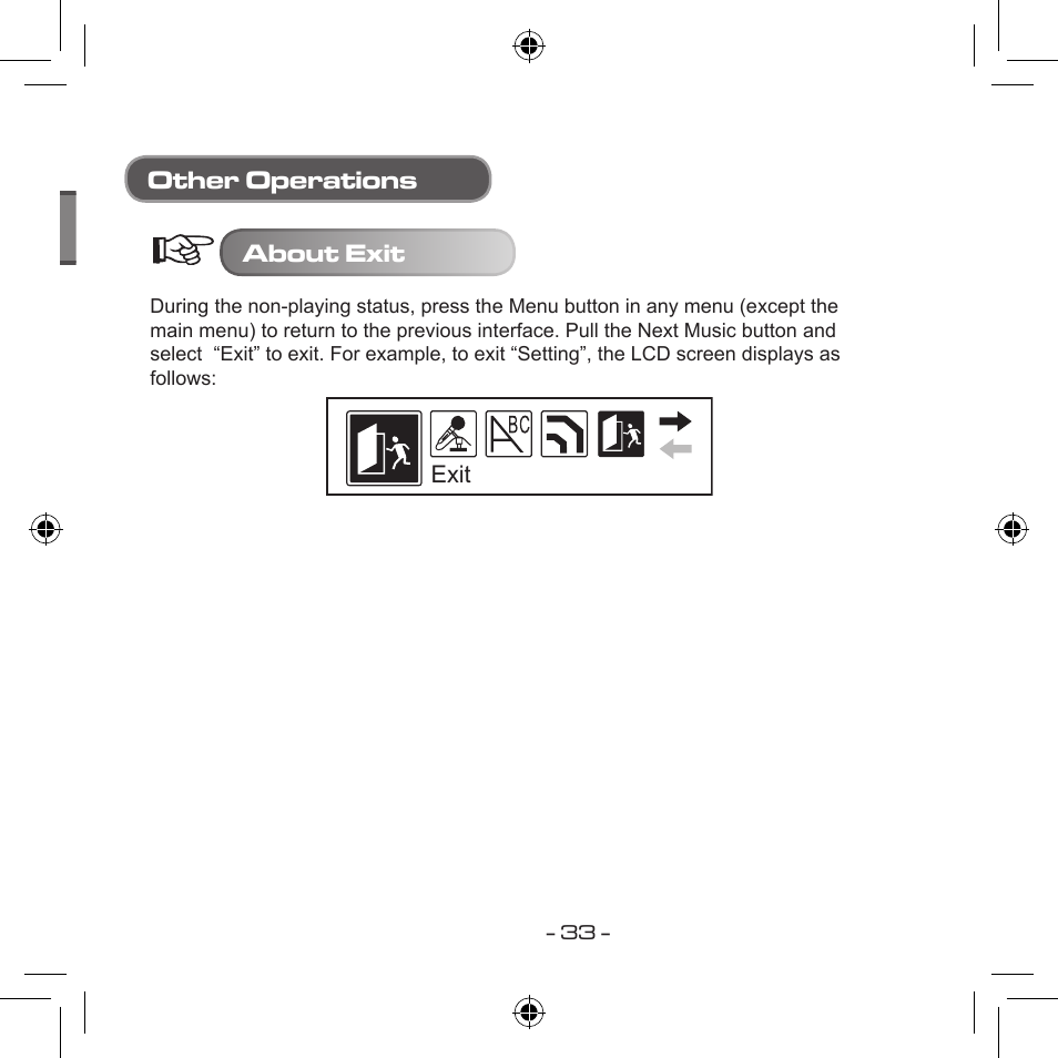 About exit, Other operations | Curtis MPS533 User Manual | Page 31 / 185