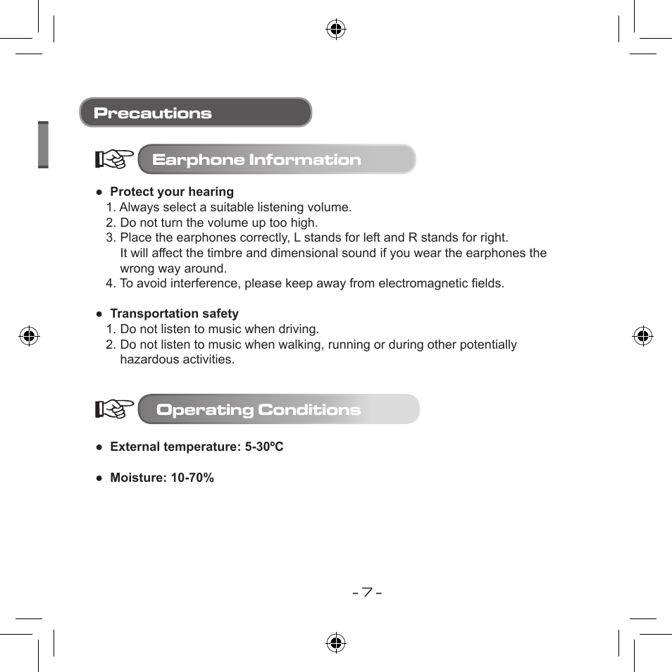 Precautions earphone information, Operating conditions | Curtis MPS533 User Manual | Page 5 / 185