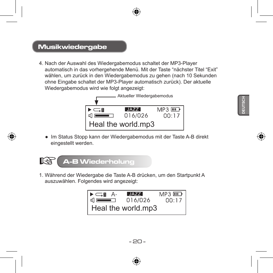 Heal the world.mp3, Musikwiedergabe, A-b wiederholung | Curtis MPS533 User Manual | Page 55 / 185