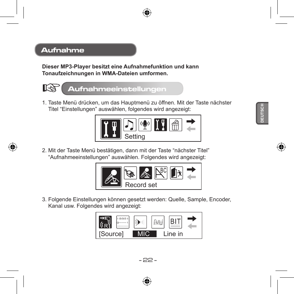Aufnahme, Aufnahmeeinstellungen | Curtis MPS533 User Manual | Page 57 / 185