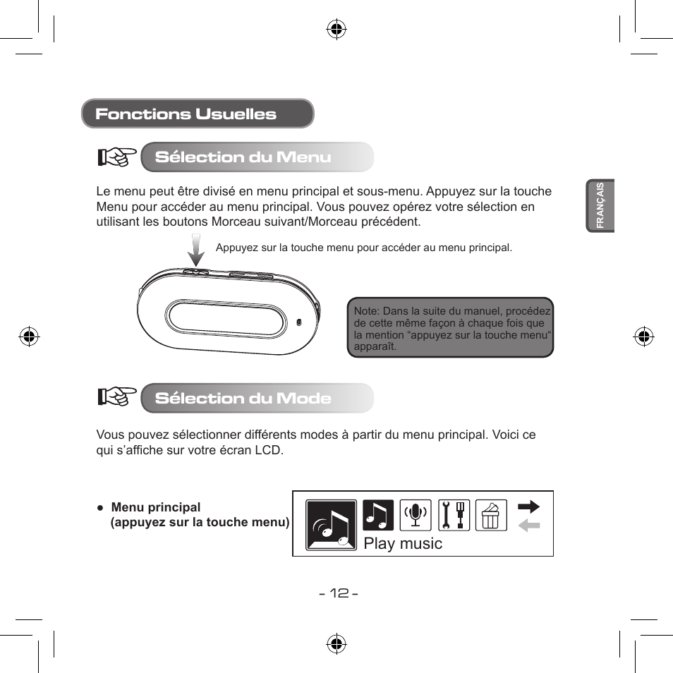Play music fonctions usuelles sélection du menu, Sélection du mode | Curtis MPS533 User Manual | Page 84 / 185