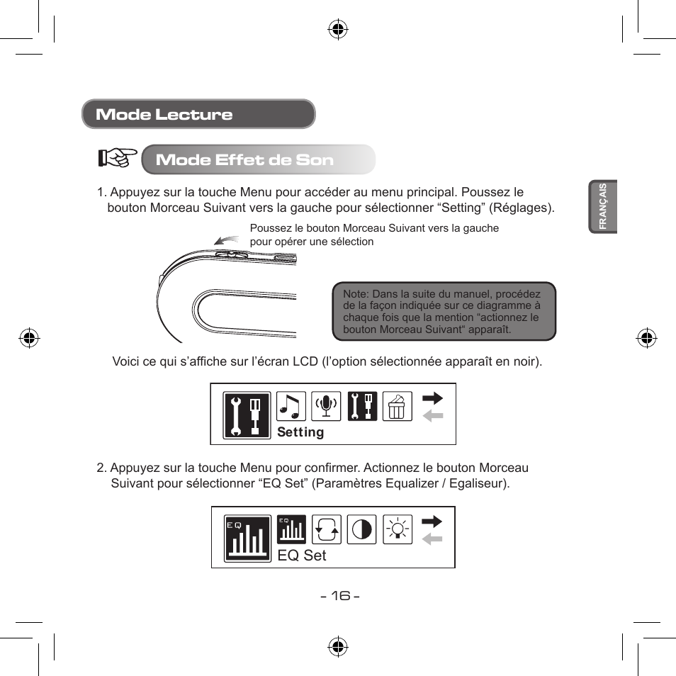 Mode lecture mode effet de son, Eq set | Curtis MPS533 User Manual | Page 88 / 185