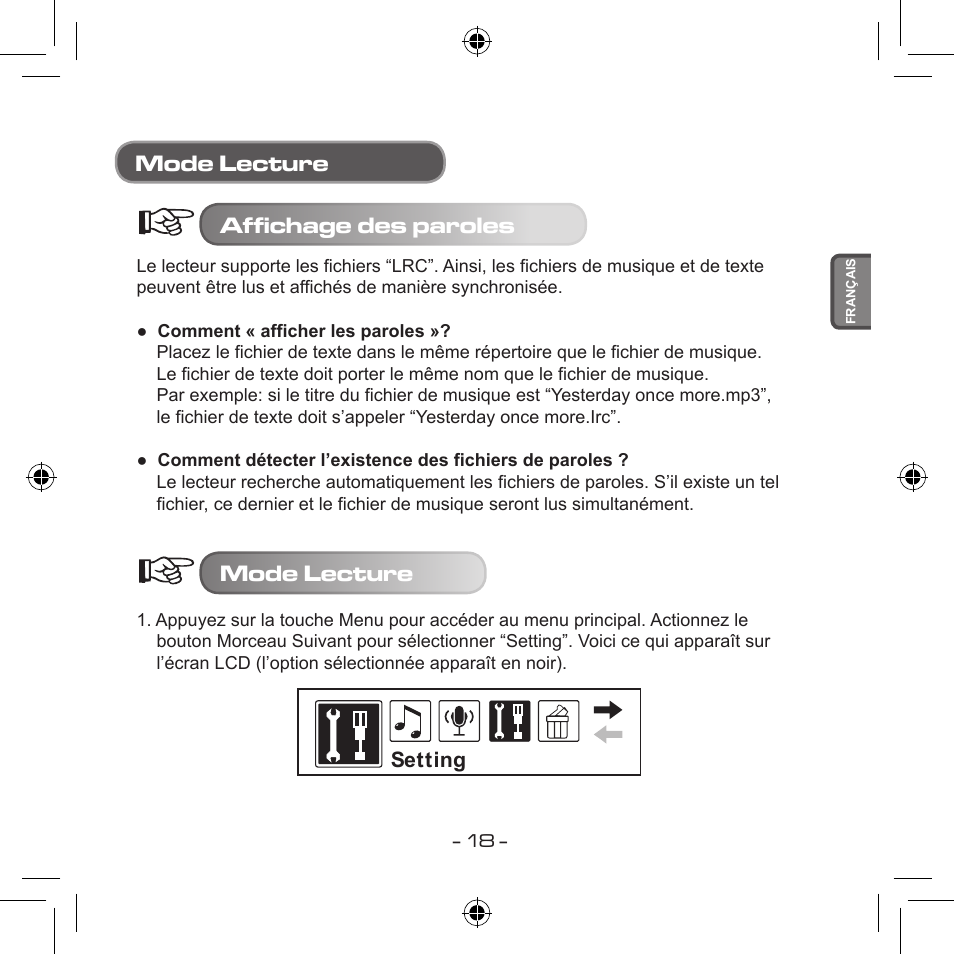 Mode lecture affichage des paroles, Mode lecture | Curtis MPS533 User Manual | Page 90 / 185