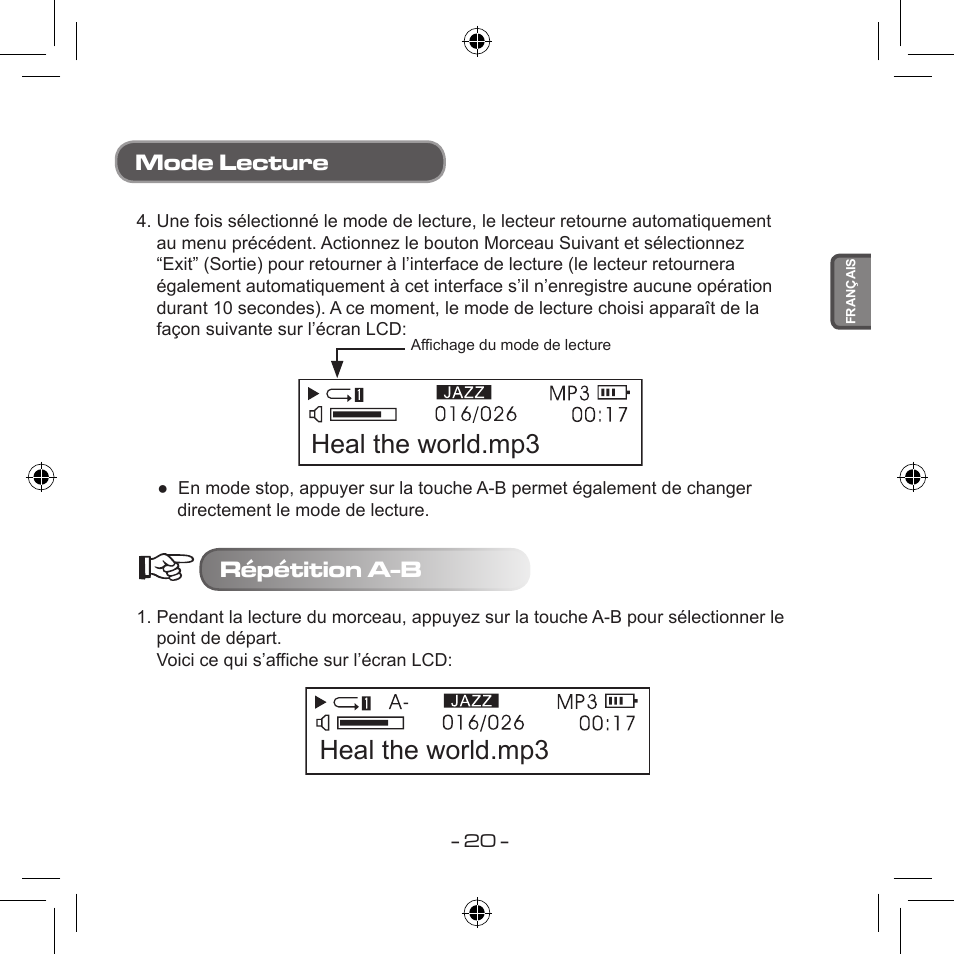 Heal the world.mp3, Mode lecture, Répétition a-b | Curtis MPS533 User Manual | Page 92 / 185