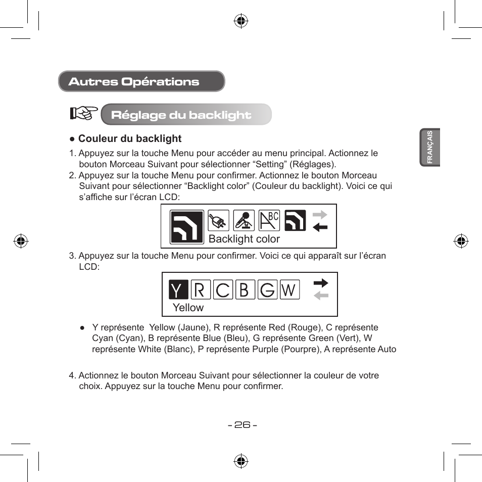 Autres opérations réglage du backlight | Curtis MPS533 User Manual | Page 98 / 185