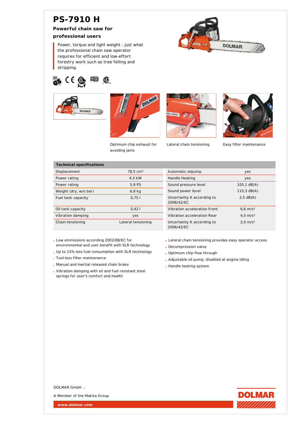 Dolmar Powerful Chain Saw for Professional Users PS-7910 H User Manual | 1 page