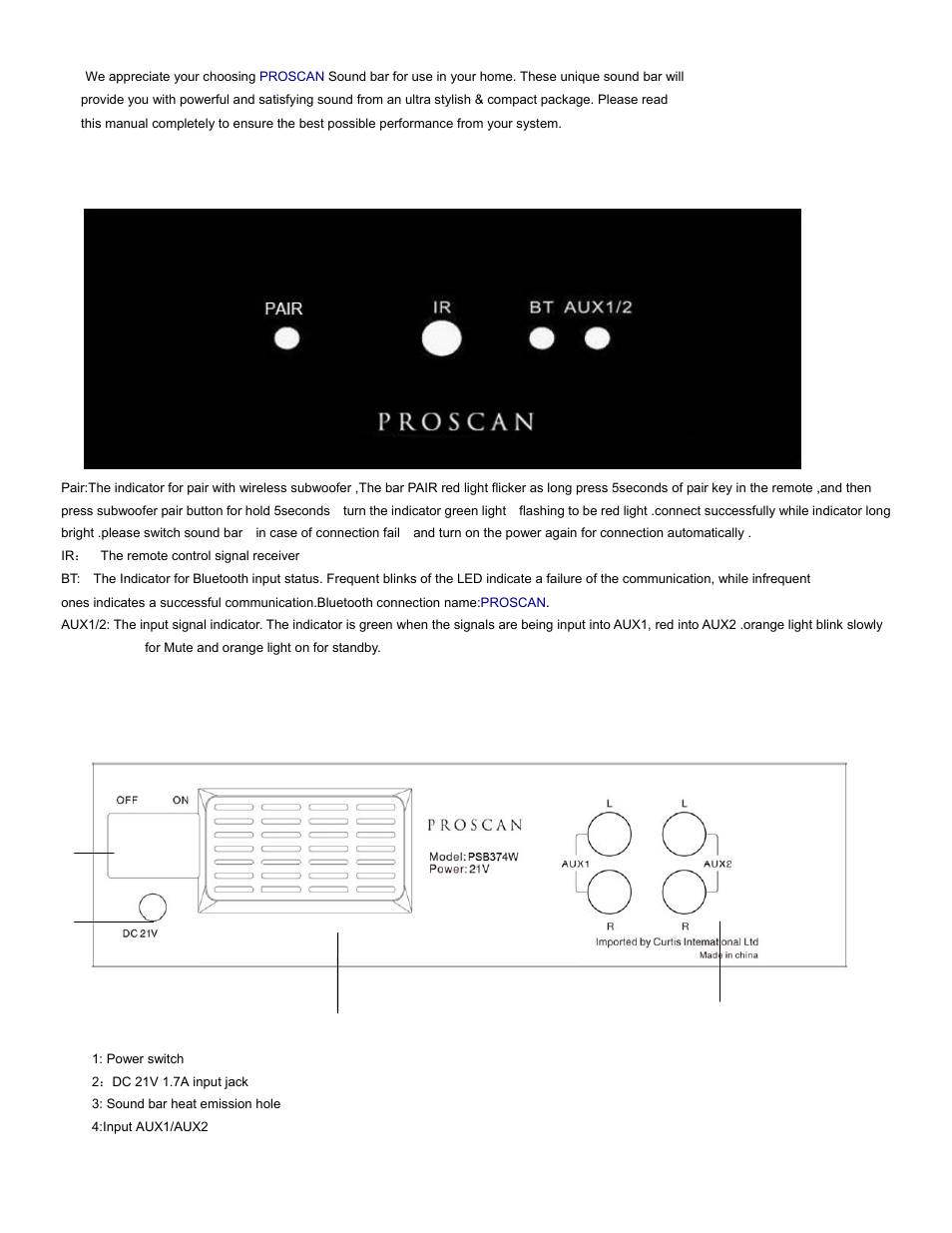 Panel description, Description of the terminals at the back | Curtis PSB374W User Manual | Page 3 / 7