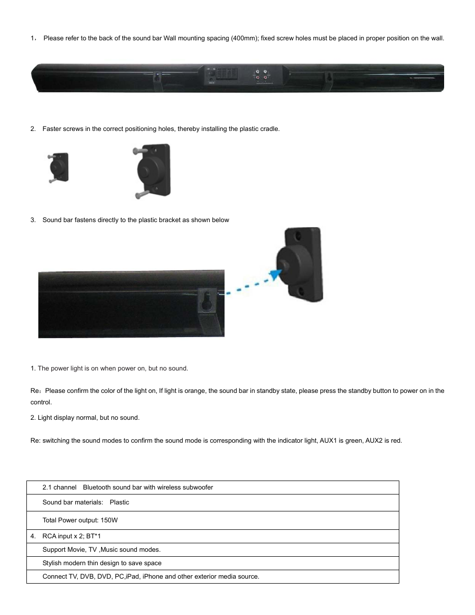 Problem and solutions, Sound bar feature | Curtis PSB374W User Manual | Page 6 / 7