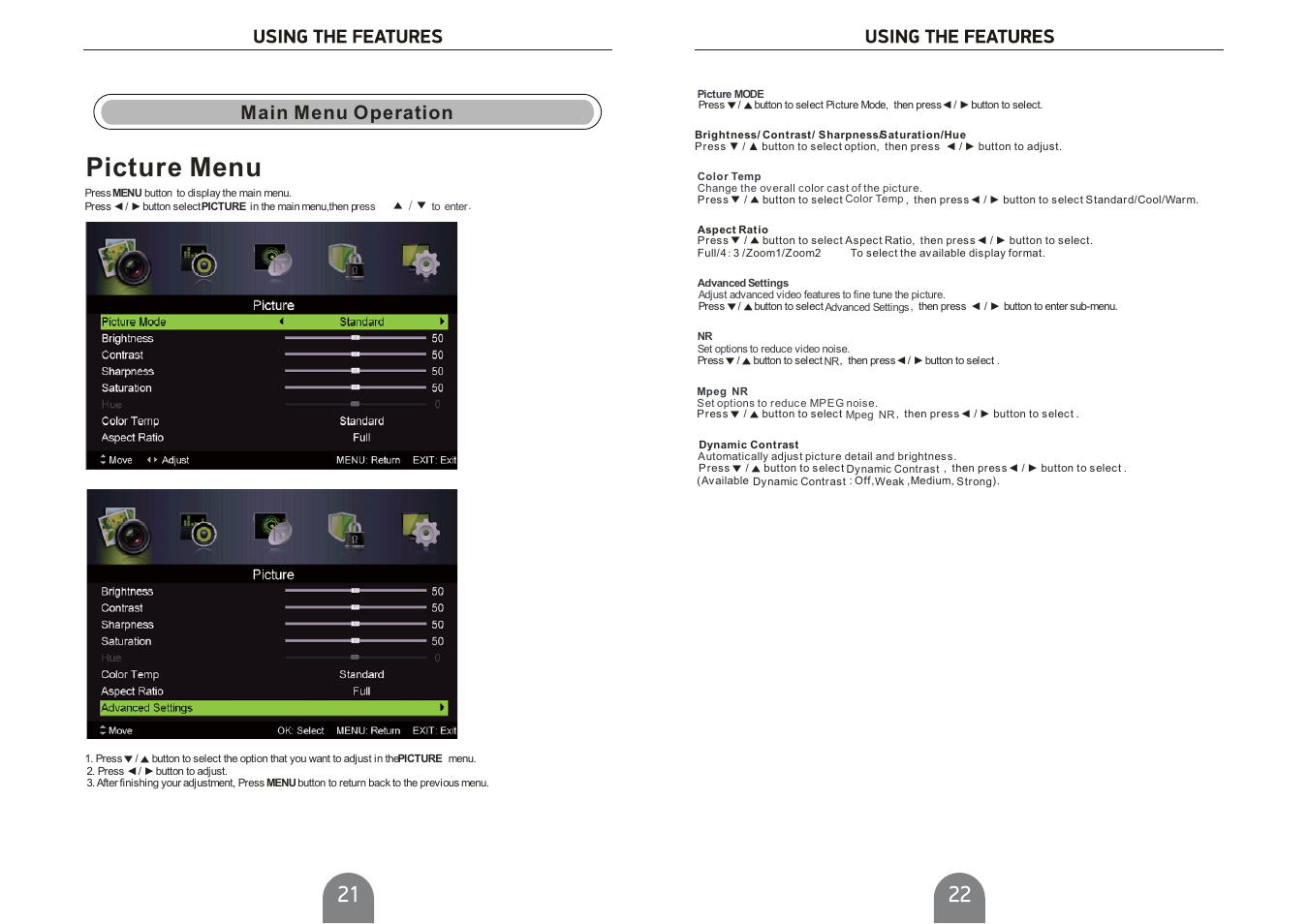 Picture menu, Main menu operation | Curtis PLDED4616-UK User Manual | Page 12 / 20