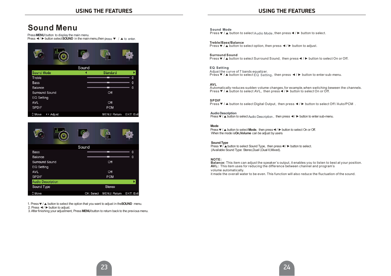Sound menu | Curtis PLDED4616-UK User Manual | Page 13 / 20