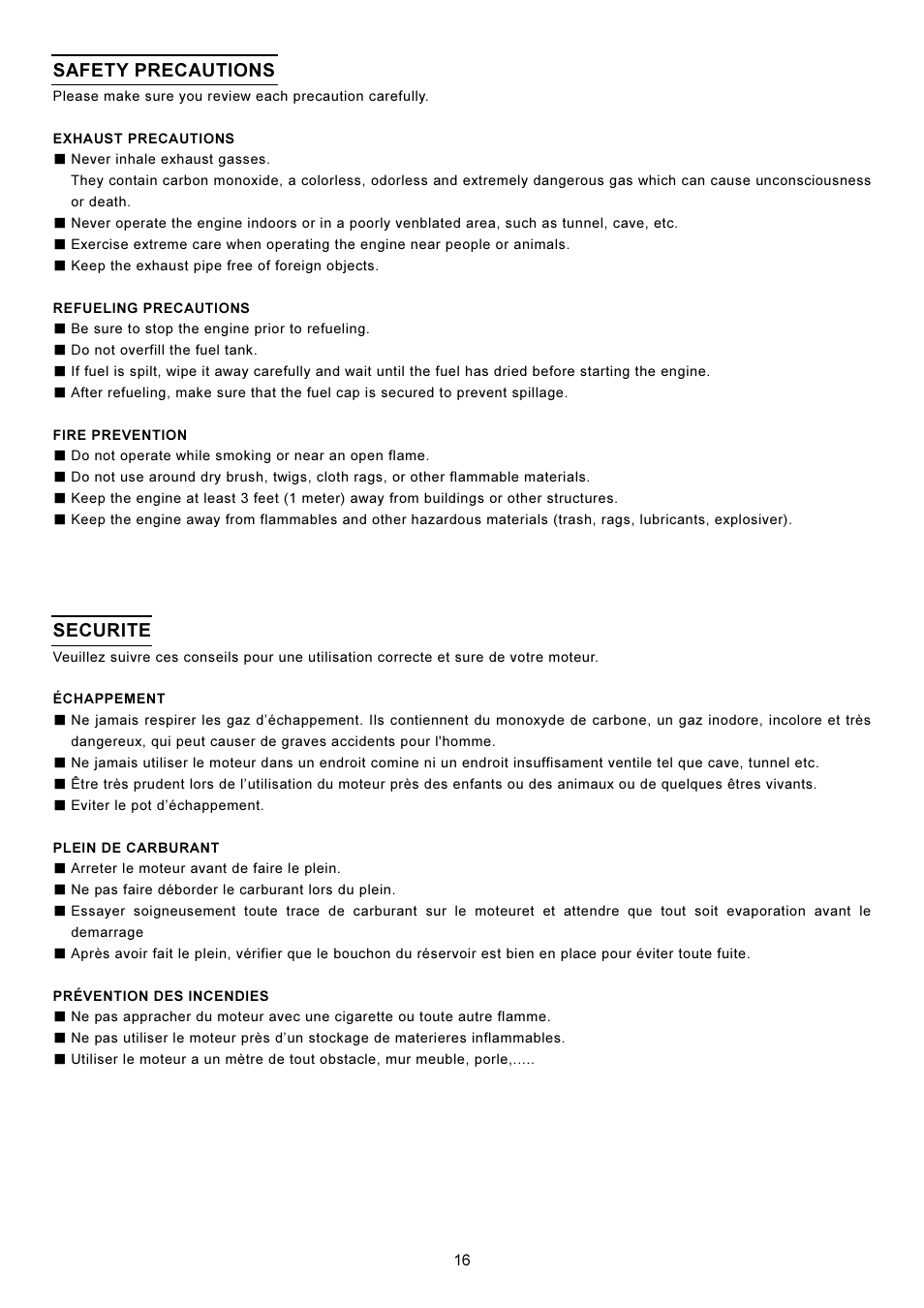 Safety precautions, Securite | Dolmar GB GASOLINE ENGINE PUMP MP-352.4 User Manual | Page 16 / 28