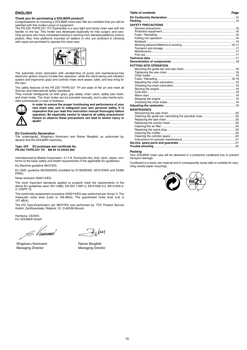 Re y | Dolmar PS-220 TH User Manual | Page 15 / 128