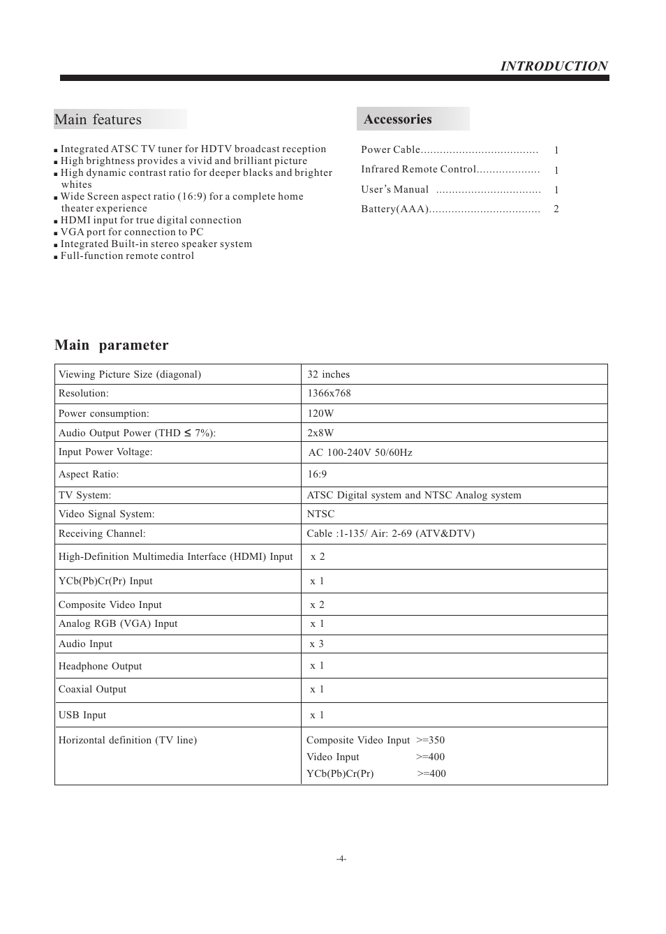 Main features, Main parameter, Accessories | Introduction | Curtis PLCDV3247A User Manual | Page 5 / 23