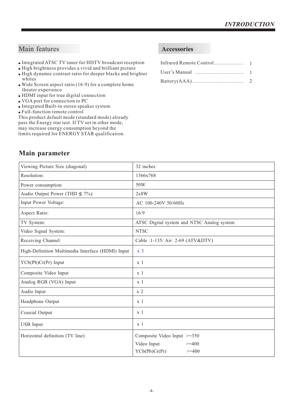 Main features, Main parameter, Introduction | Accessories | Curtis PLDED3273A-C User Manual | Page 5 / 17