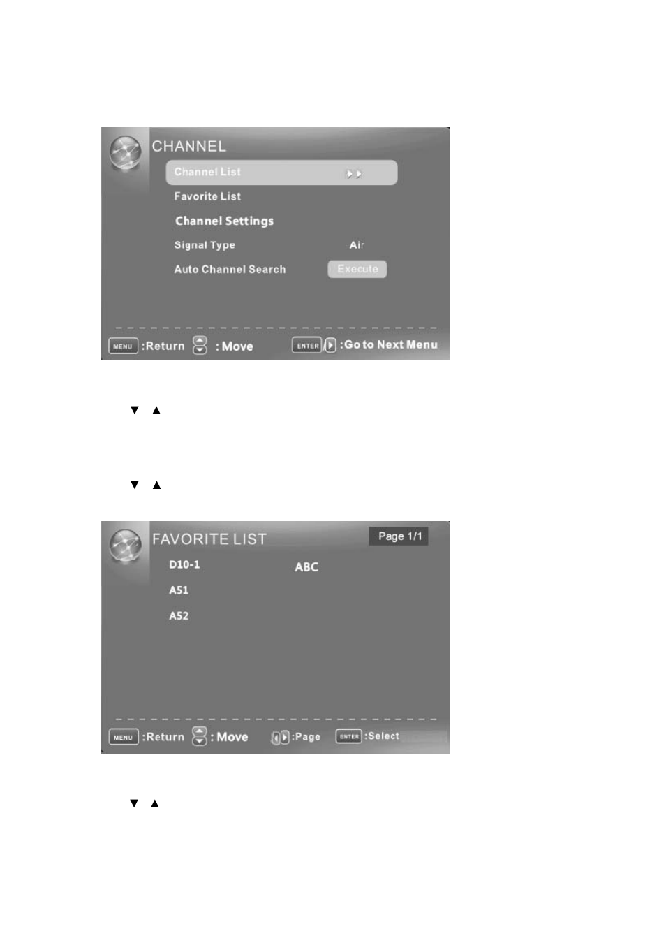 Channel list, Favorite list, Channel setting | Channel menu | Curtis PLDED3992A User Manual | Page 24 / 40