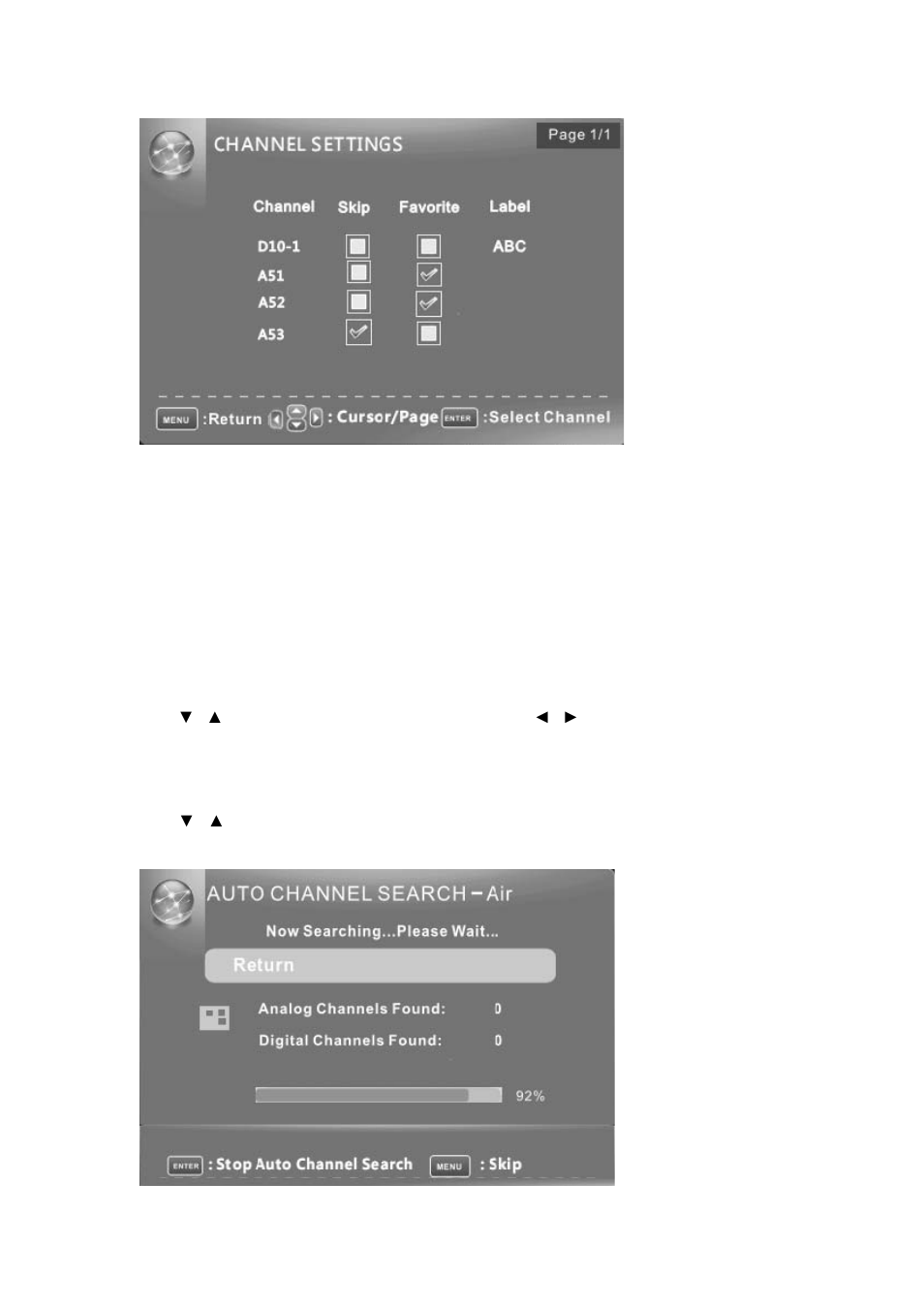 Skip, Favorite, Label | Signal type, Auto channel search | Curtis PLDED3992A User Manual | Page 25 / 40