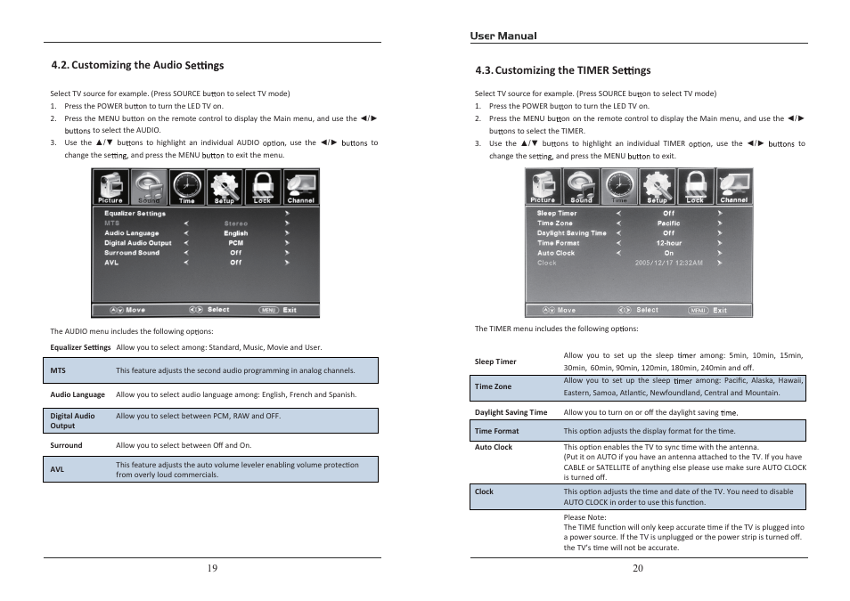 Customizing the audio customizing the timer se ngs | Curtis PLDED3996A-D User Manual | Page 11 / 18