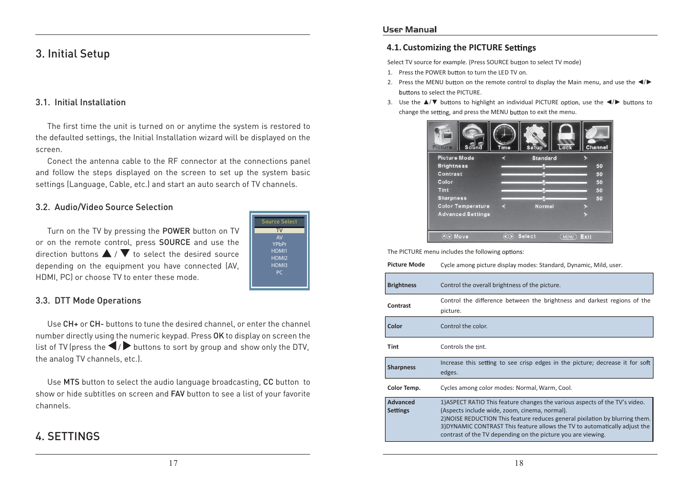 Initial setup, Settings | Curtis PLDED4016A-B User Manual | Page 10 / 18