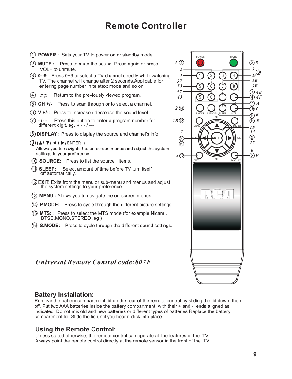 Remote controller, Universal remote control code:007f, Battery installation | Using the remote control | Curtis C1909 User Manual | Page 10 / 20