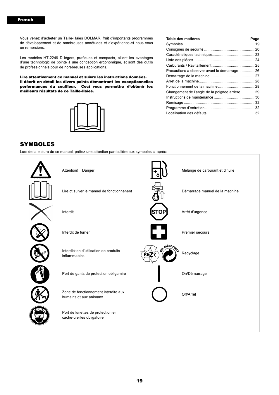 Symboles | Dolmar HT-2249 D User Manual | Page 19 / 48
