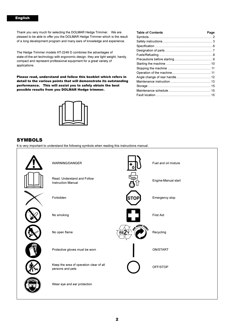 Symbols | Dolmar HT-2249 D User Manual | Page 2 / 48