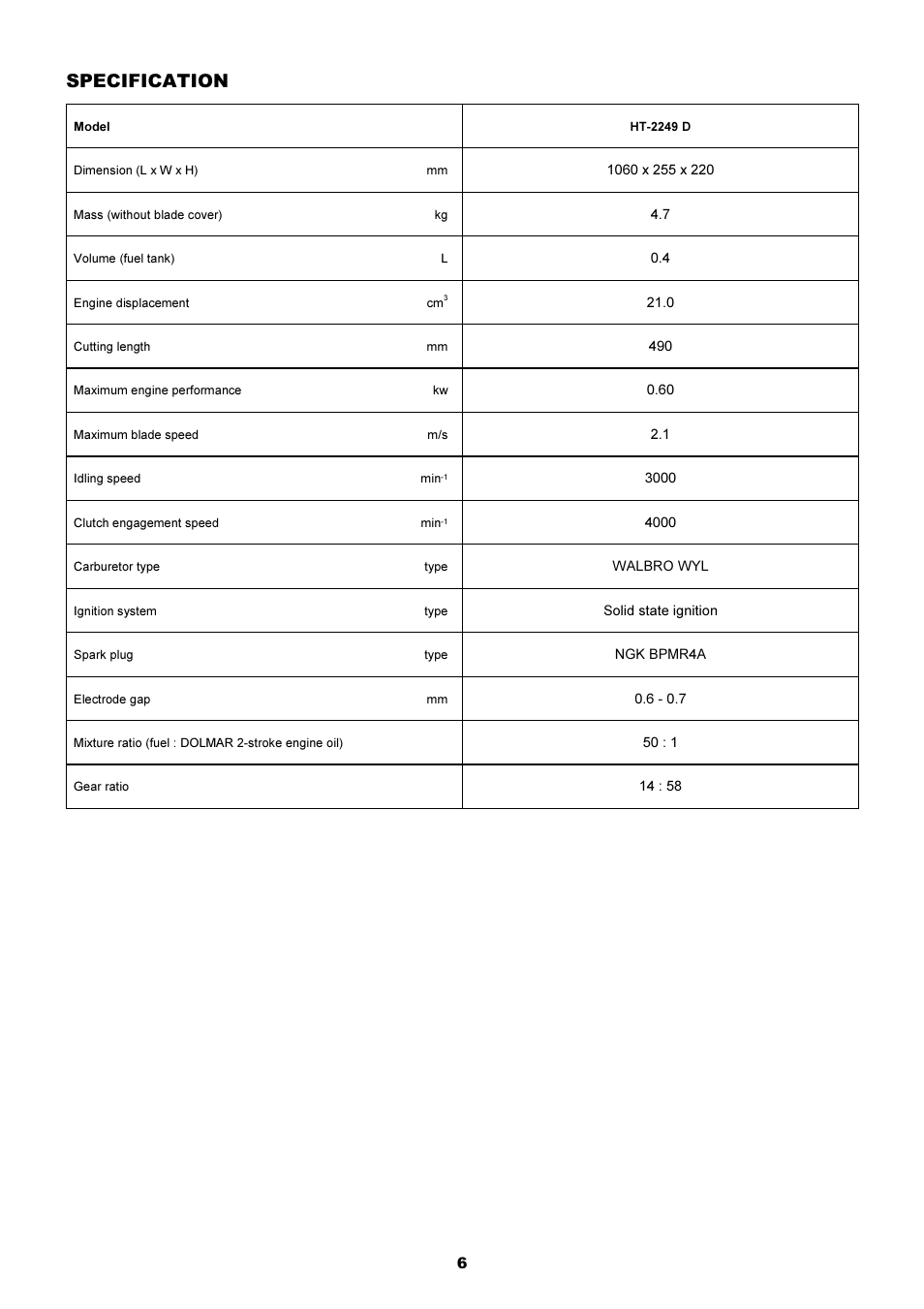 Specification | Dolmar HT-2249 D User Manual | Page 6 / 48