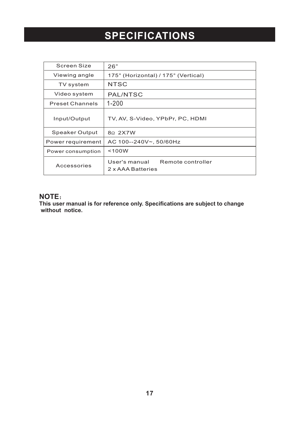 Specifications | Curtis RLC2609 User Manual | Page 18 / 18