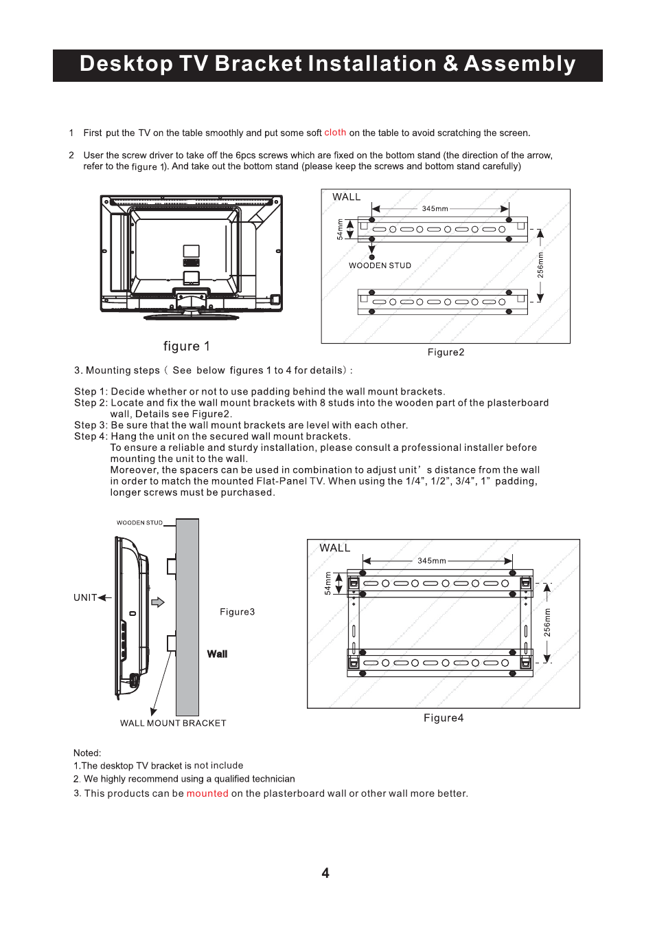 Desktop tv bracket installation & assembly | Curtis RLC2609 User Manual | Page 5 / 18