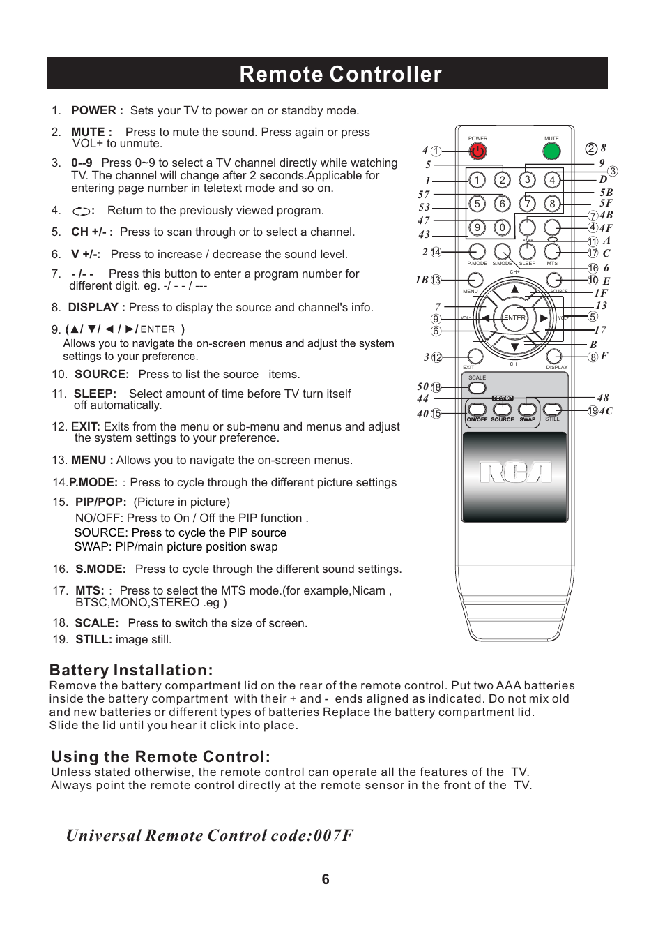 Remote controller, Universal remote control code:007f, Battery installation | Using the remote control | Curtis RLC2609 User Manual | Page 7 / 18