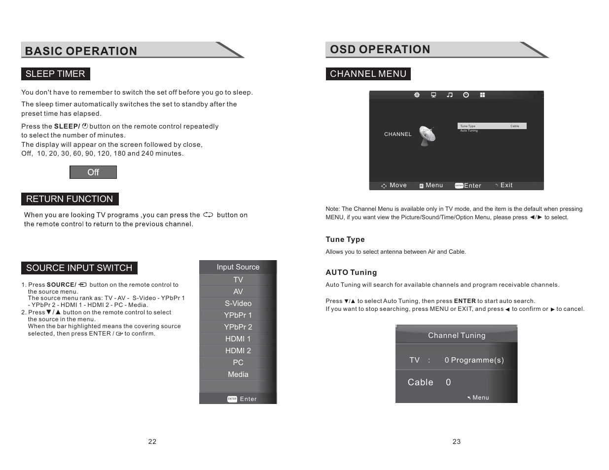 Osd operation, Channel menu, Cable 0 | Sleep timer return function source input switch | Curtis RLC3220 User Manual | Page 13 / 17