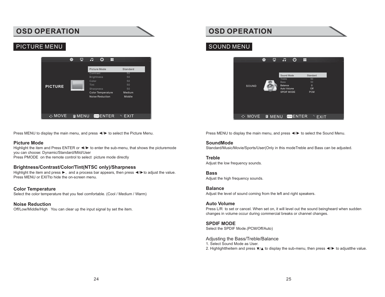 Osd operation, Sound menu, Picture menu | Curtis RLC3220 User Manual | Page 14 / 17