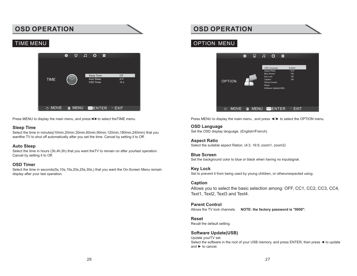 Osd operation, Time menu, Option menu | Curtis RLC3220 User Manual | Page 15 / 17