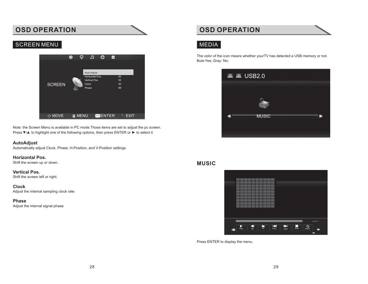 Osd operation, Usb2.0, Media | Music, Screen menu | Curtis RLC3220 User Manual | Page 16 / 17