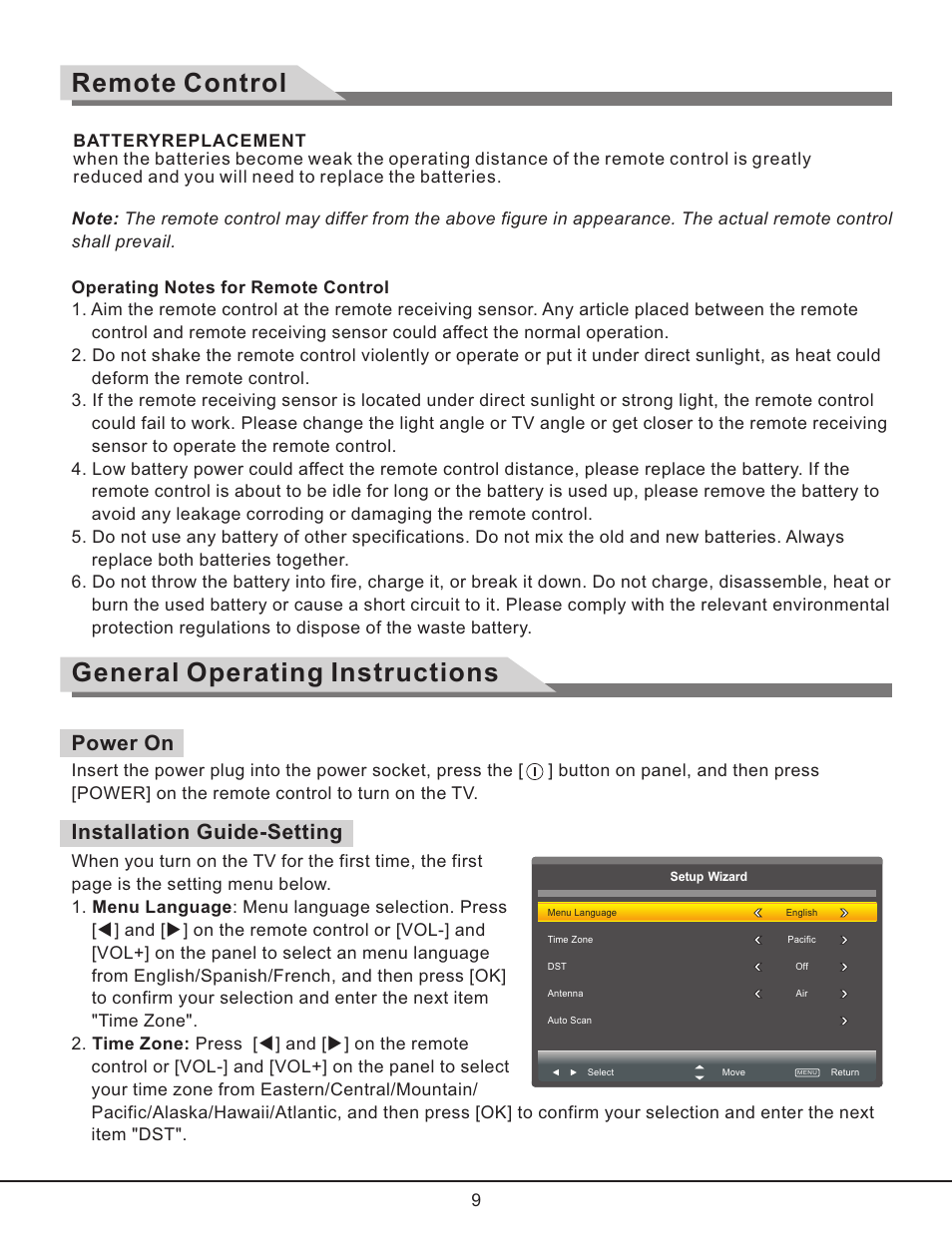 页 10, Remote control, General operating instructions | Installation guide-setting power on | Curtis RLC3257B User Manual | Page 11 / 20