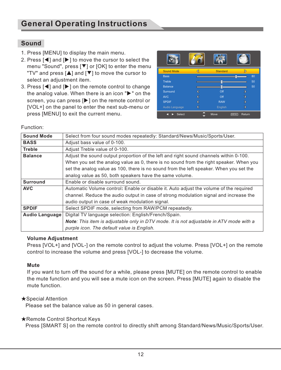 页 13, General operating instructions, Sound | Curtis RLC3257B User Manual | Page 14 / 20