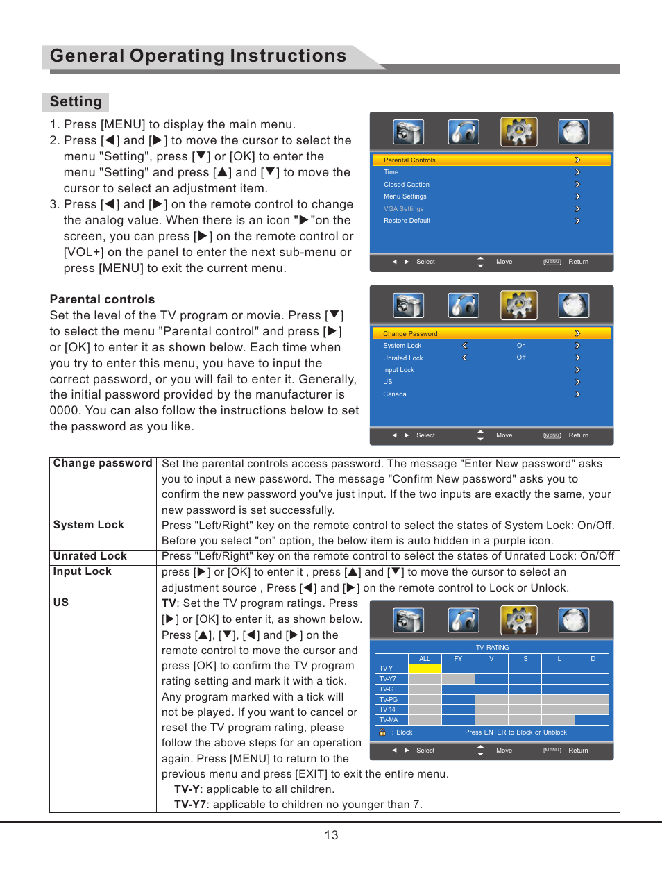 页 14, General operating instructions, Setting | Curtis RLC3257B User Manual | Page 15 / 20