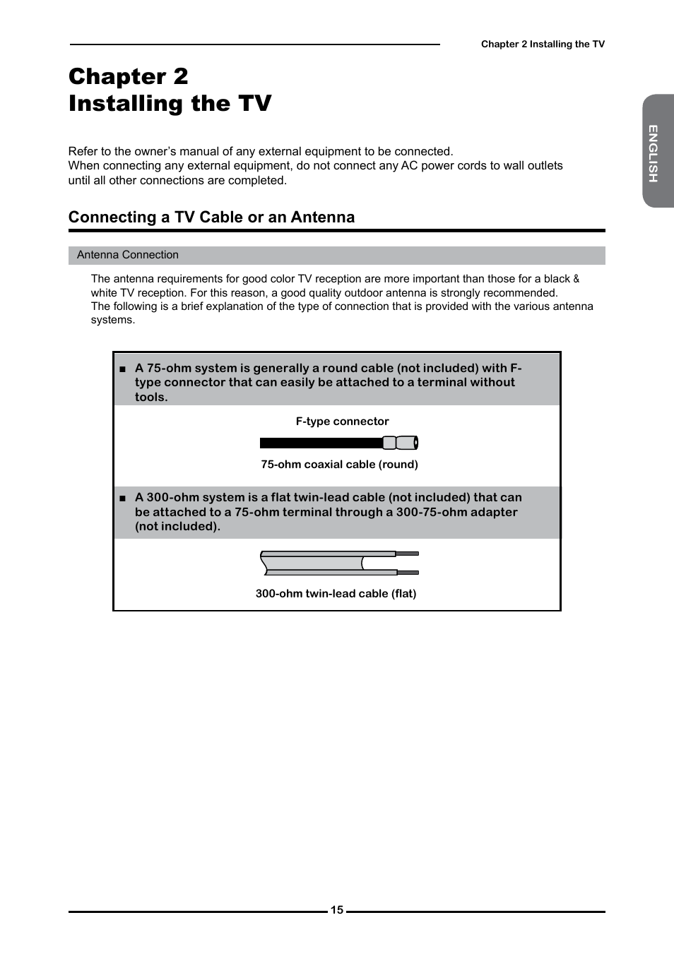 Chapter 2 installing the tv, Connecting a tv cable or an antenna | Curtis RLC4283A User Manual | Page 17 / 39