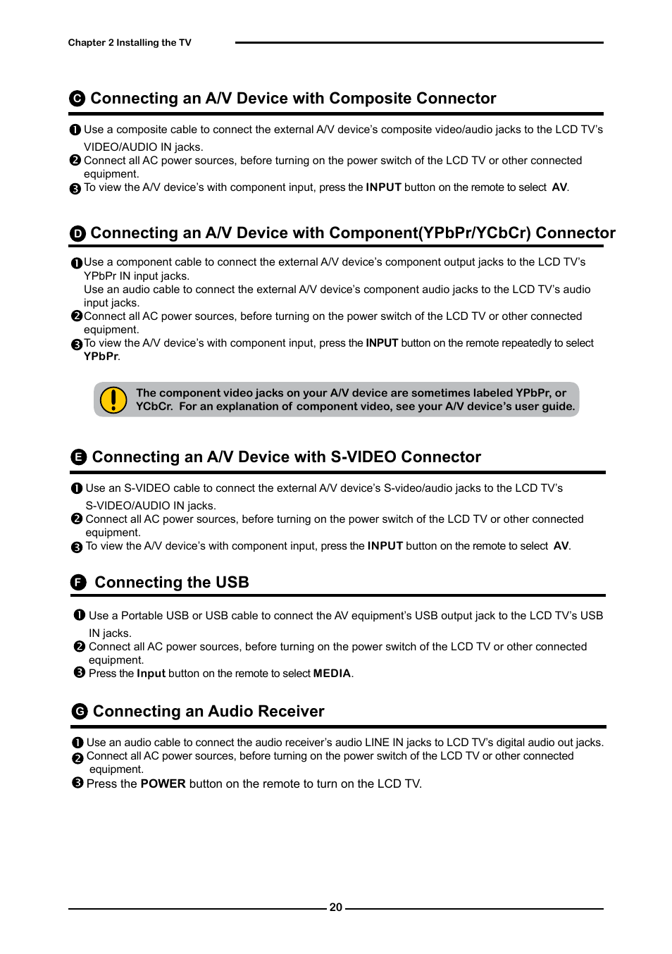 Connecting an a/v device with composite connector, Connecting an audio receiver, Connecting an a/v device with s-video connector | Connecting the usb | Curtis RLC4283A User Manual | Page 22 / 39