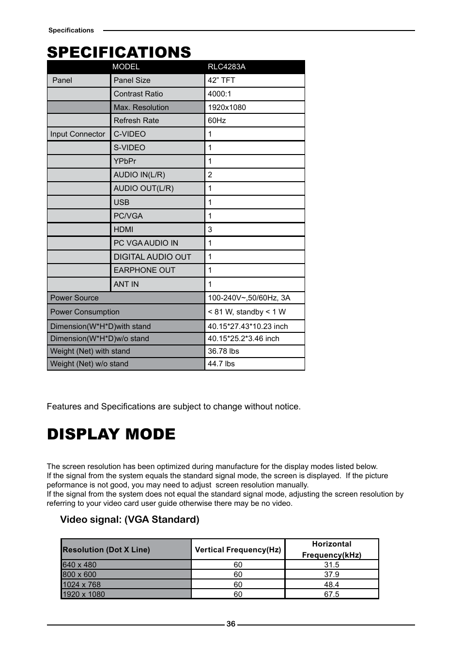 Specifications, Display mode, Video signal: (vga standard) | Curtis RLC4283A User Manual | Page 38 / 39