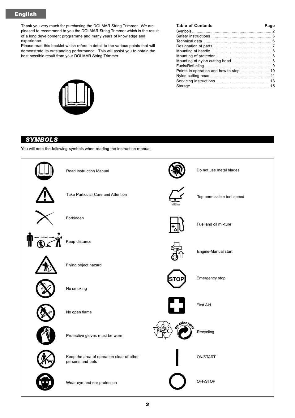 Symbols, English | Dolmar LT-210 User Manual | Page 2 / 47