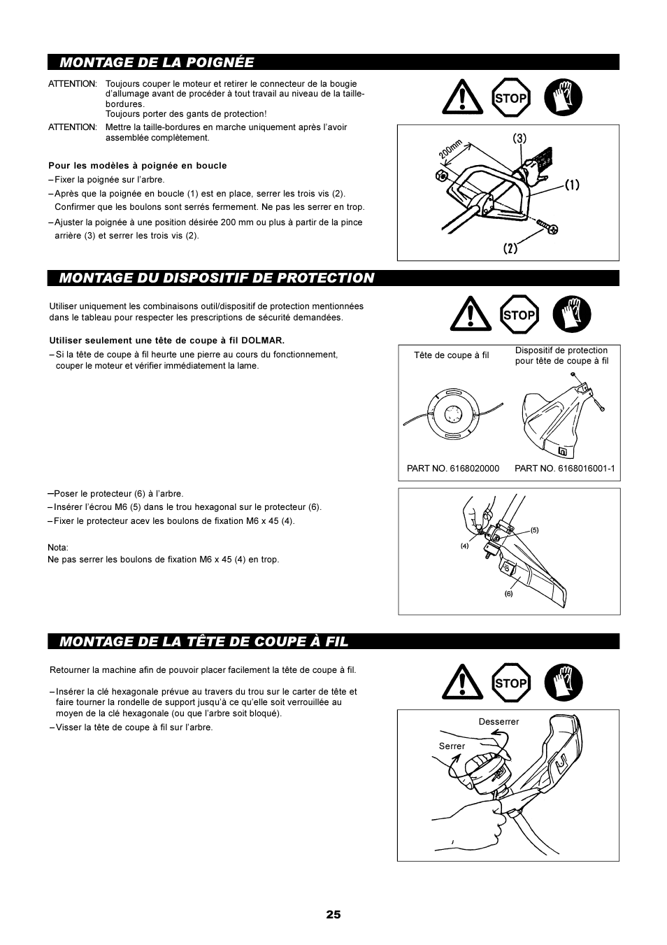 Montage de la poignée, Montage du dispositif de protection, Montage de la tête de coupe à fil | Dolmar LT-210 User Manual | Page 25 / 47