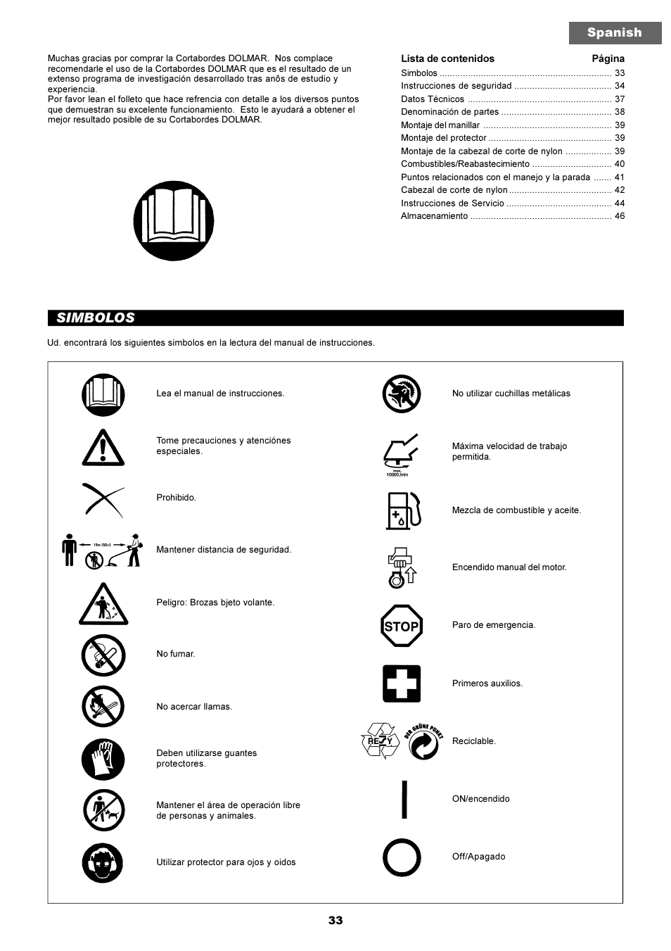 Simbolos, Spanish | Dolmar LT-210 User Manual | Page 33 / 47