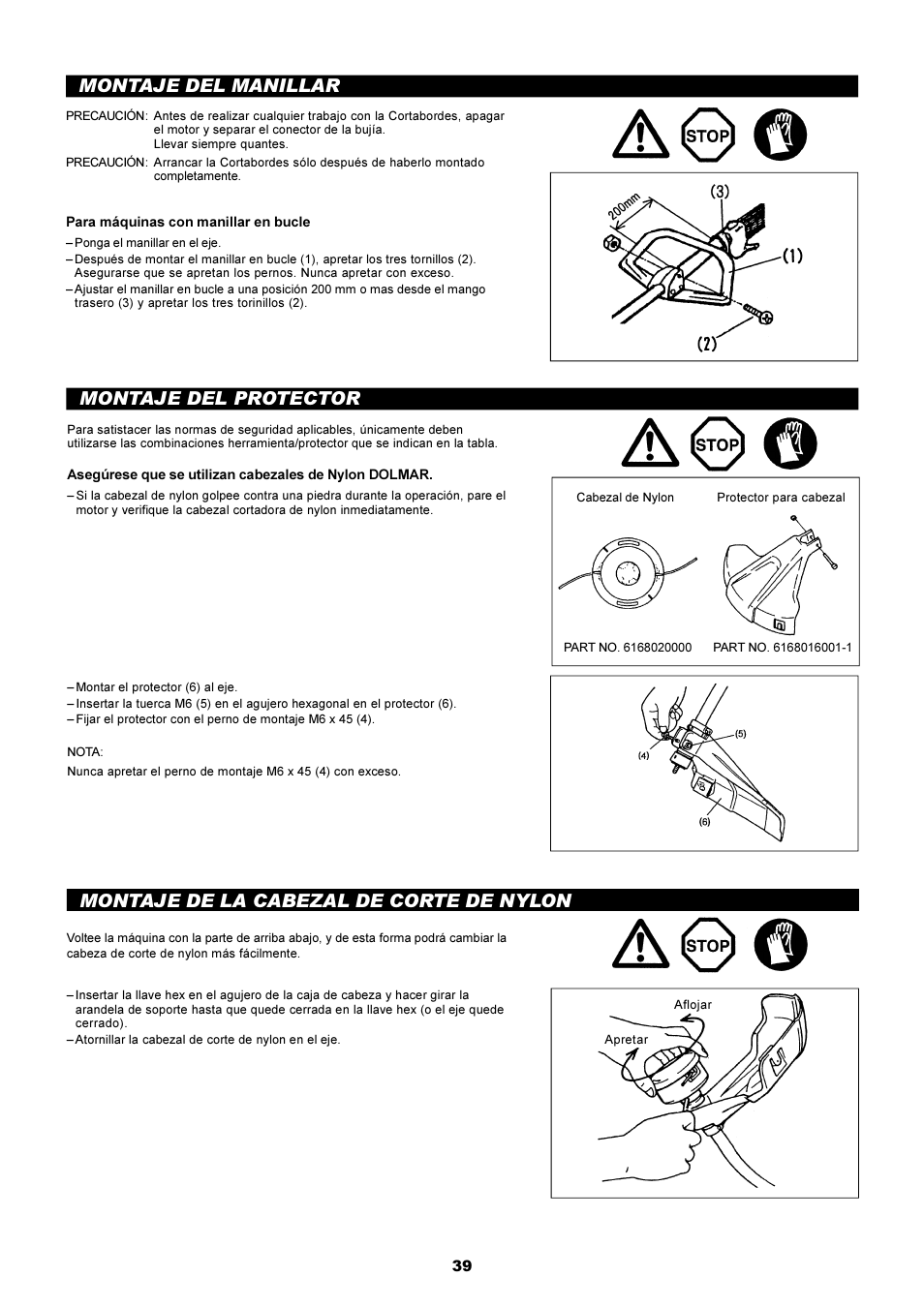 Montaje del manillar, Montaje del protector, Montaje de la cabezal de corte de nylon | Dolmar LT-210 User Manual | Page 39 / 47